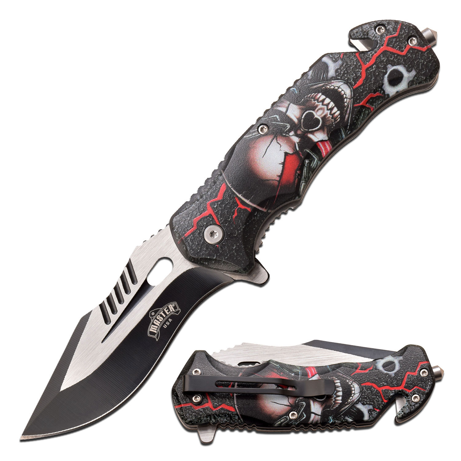 Spring-Assist Folding Knife 3.75in Black Blade Tactical EDC Rescue Red Skull