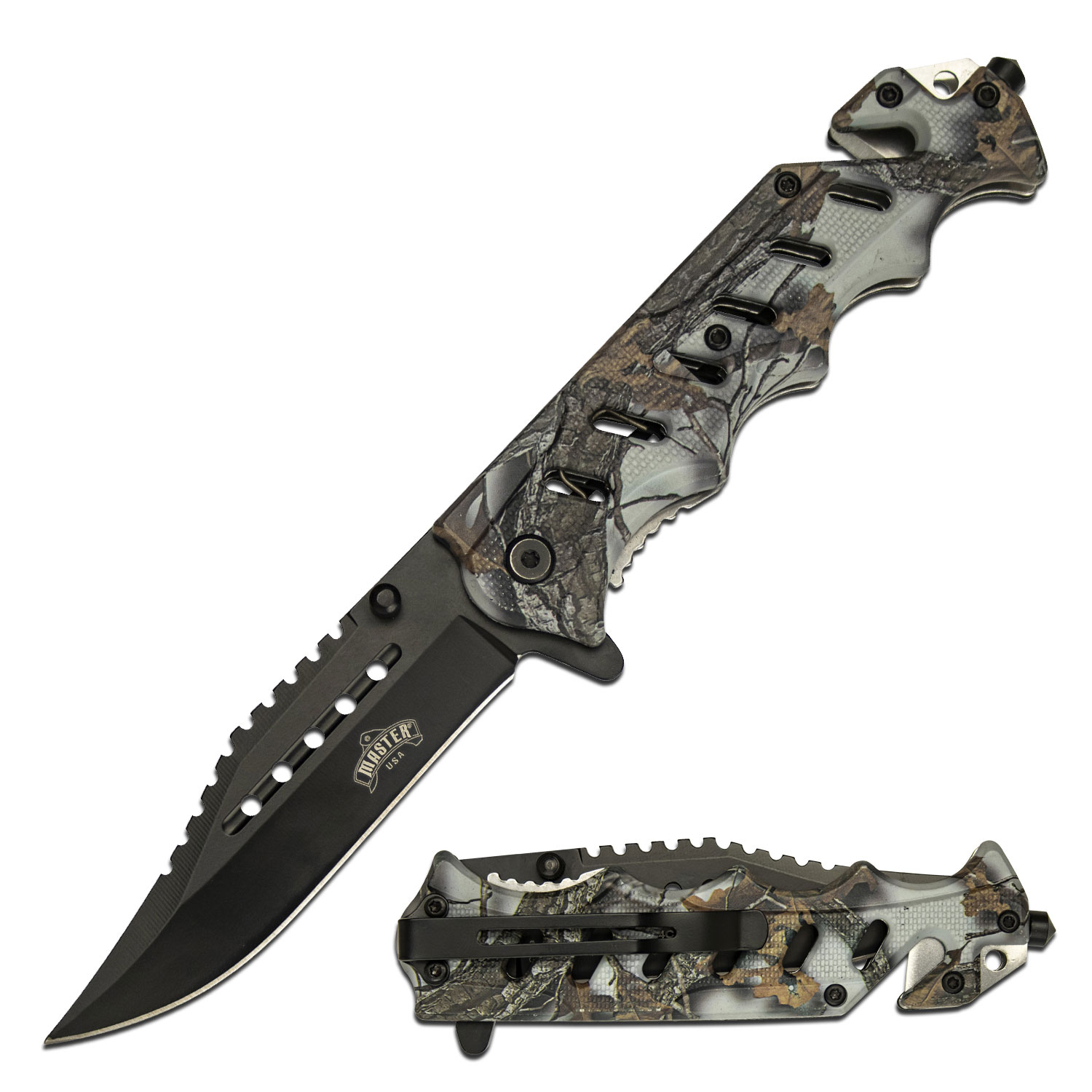 Spring-Assist Folding Knife Camo Tactical Rescue EDC 3.5In Stainless Blade