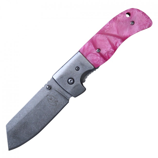 Spring-Assisted Folding Knife Buckshot Pink Pearl 3.25in. Cleaver Blade Hunter