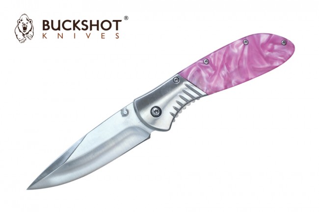 Spring-Assist Folding Pocket Knife Buckshot 3.5in Silver Blade Pink Pearl Hunter