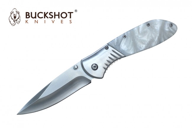 Spring-Assist Folding Pocket Knife Buckshot 3.5in Silver Blade White Pearl Hunter