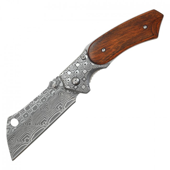 Spring-Assisted Folding Knife Buckshot 3.25in Cleaver Blade Damascus Steel Design