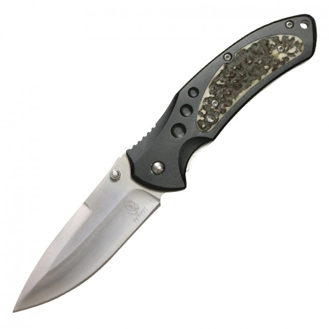 Spring-Assisted Folding Knife Buckshot 3.5in Silver Blade Black Faux Stag Handle