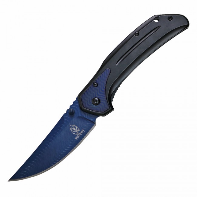 Spring-Assisted Folding Knife Buckshot 3.5in. Blue Blade Black Tactical EDC