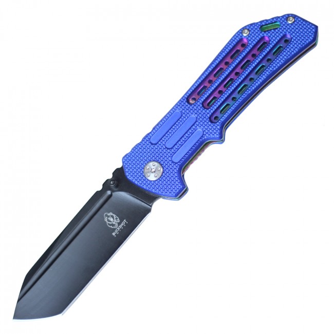 Spring-Assisted Folding Knife | Buckshot Black Tanto Blade Blue Rainbow Liner