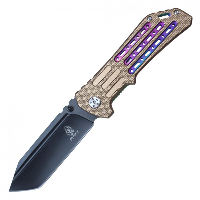 Spring-Assisted Folding Knife | Buckshot Black Tanto Blade Gold Rainbow Liner
