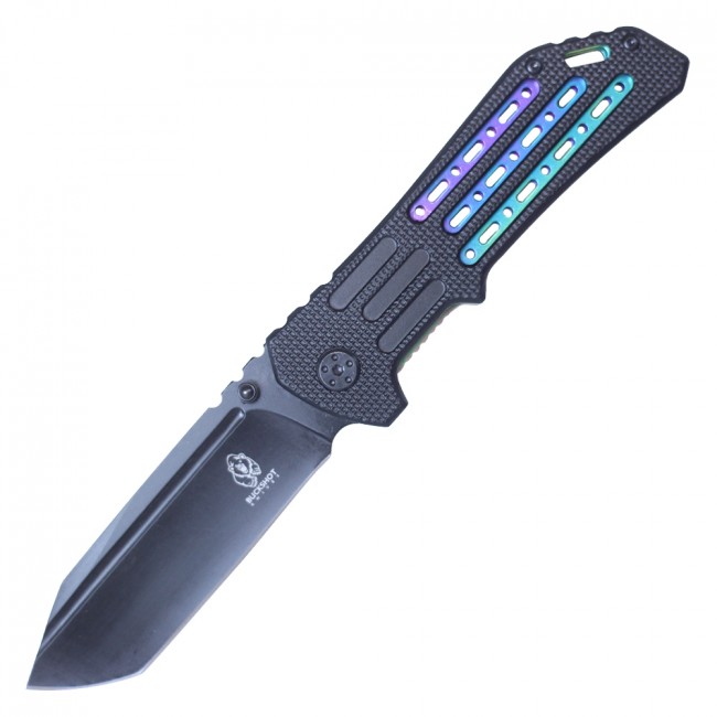 Spring-Assisted Folding Pocket Knife | Buckshot Black Tanto Blade Rainbow Liner