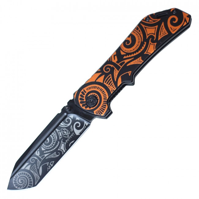 Spring-Assisted Folding Knife Buckshot Black Orange Spiral Tactical Tanto Blade