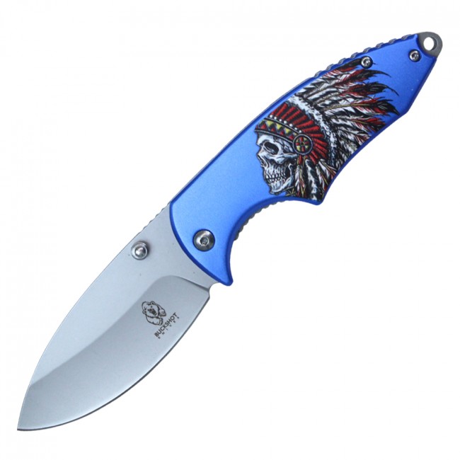 Spring-Assist Folding Knife Native American Indian Chief Blade Blue Tactical EDC