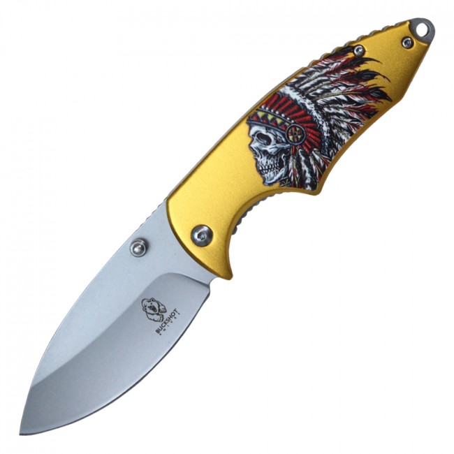 Spring-Assist Folding Knife Native American Indian Chief Gold Tactical Blade EDC