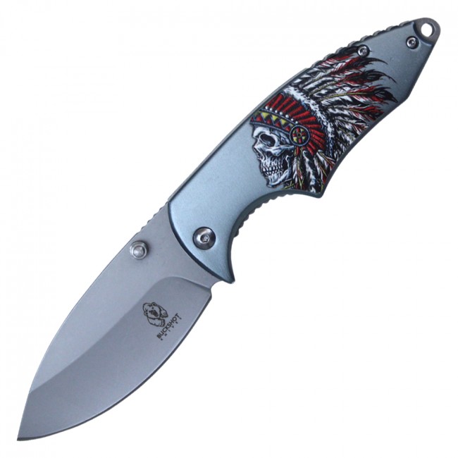 Spring-Assist Folding Knife Native American Indian Chief Gray Blade Tactical EDC