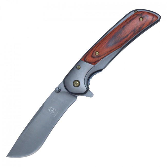 Spring-Assist Folding Knife Wartech Gray Gunmetal Blade Brown Wood EDC Classic