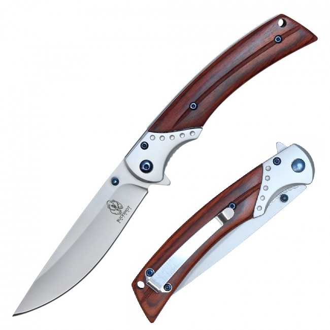 Spring-Assist Folding Knife Buckshot 4.25in. Blade EDC Brown Wood Handle
