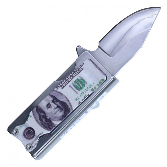Lighter Holder Folding Knife 4.5in. Overall $100 Bill Ben Franklin Money Clip