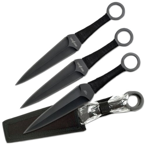 12in. 3 Pc. Cord-Wrapped Black Naruto Kunai Throwing Knife Set w/ Sheath