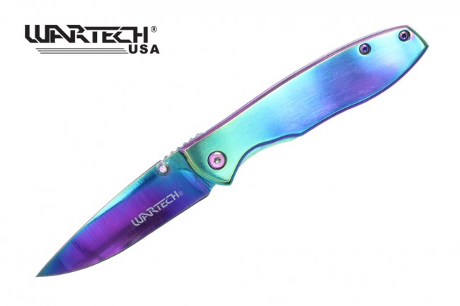 Spring-Assist Folding Knife | Wartech Rainbow Mirror Blade EDC - 6.75