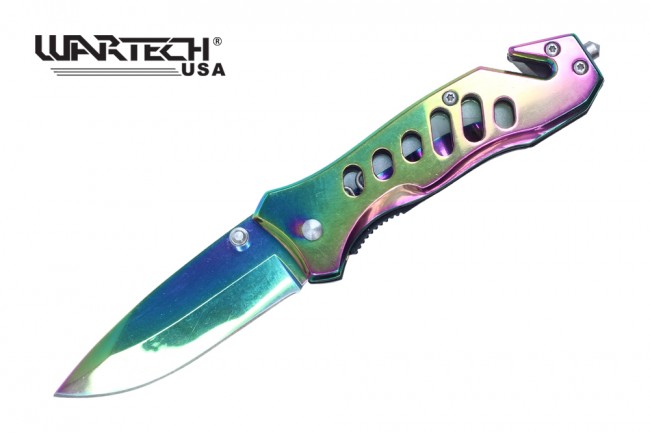 Spring-Assist Folding Knife Wartech Rainbow Mirror Blade Rescue EDC 6.5