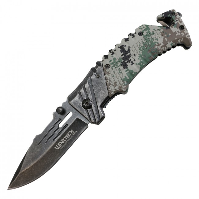 Spring-Assist Folding Knife Wartech 3.38in. Stone Gray Blade Army Digital Camo