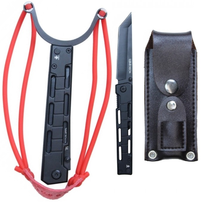 Survival Gear 2-In-1 Slingshot/Folding Knife - Black Tanto Blade + Leather Case