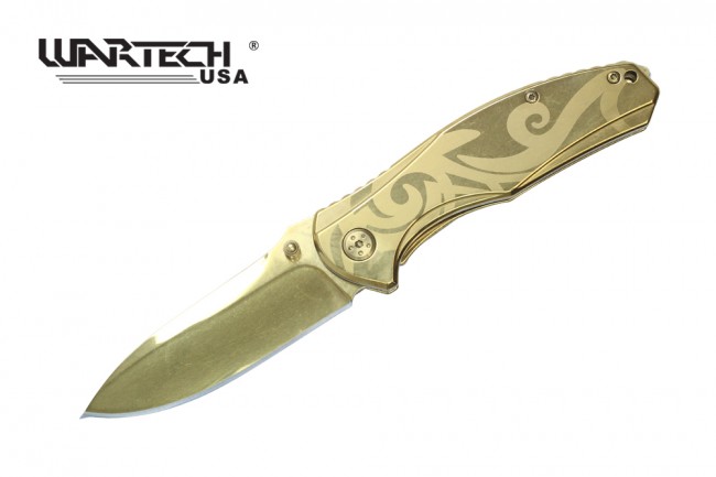 Spring-Assisted Folding Knife Wartech Gold Tactical Blade EDC Titanium-Coated C