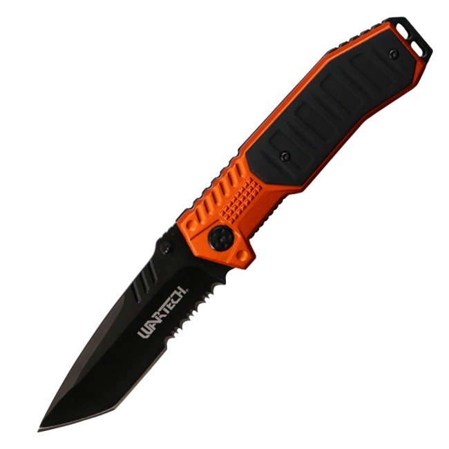Spring-Assisted Folding Knife Wartech Black Tanto Serrated Blade Tactical Orange