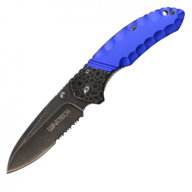 Spring-Assisted Folding Knife | Wartech Black Serrated Blade Tactical Blue 227Bl