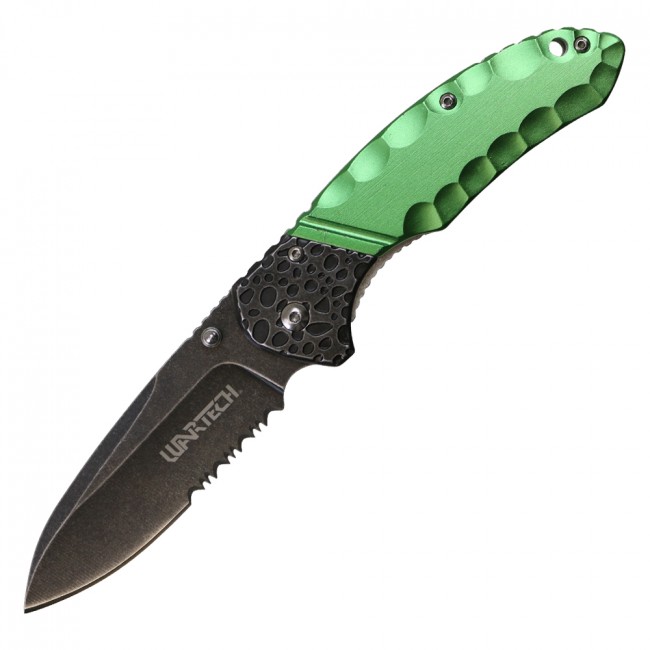 Spring-Assisted Folding Knife Wartech Black Serrated Blade Tactical Green 227Gn