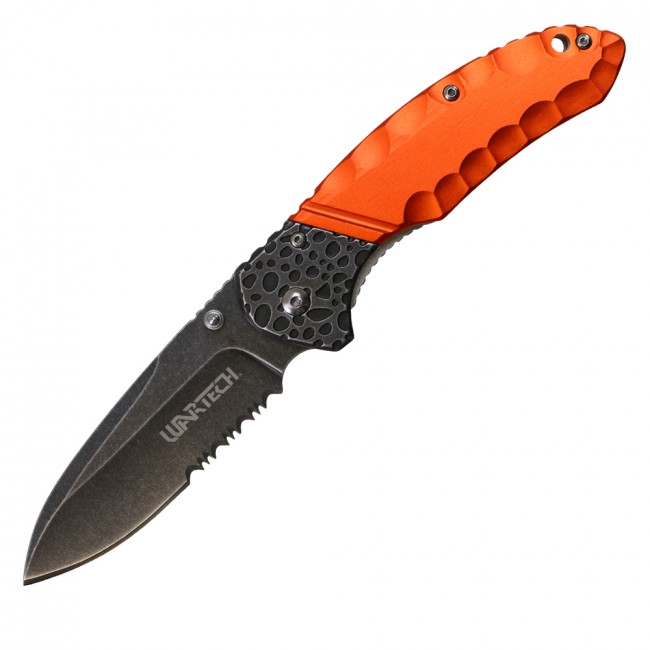 Spring-Assisted Folding Knife Wartech Black Serrated Blade Tactical Orange 227Or