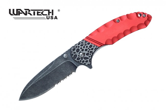 Spring-Assisted Folding Knife | Wartech Black Serrated Blade Tactical Red 227Rd