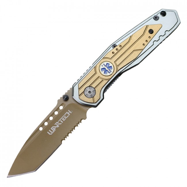 Spring-Assisted Folding Knife Wartech Gold Tanto Serrated Blade EMT Paramedic