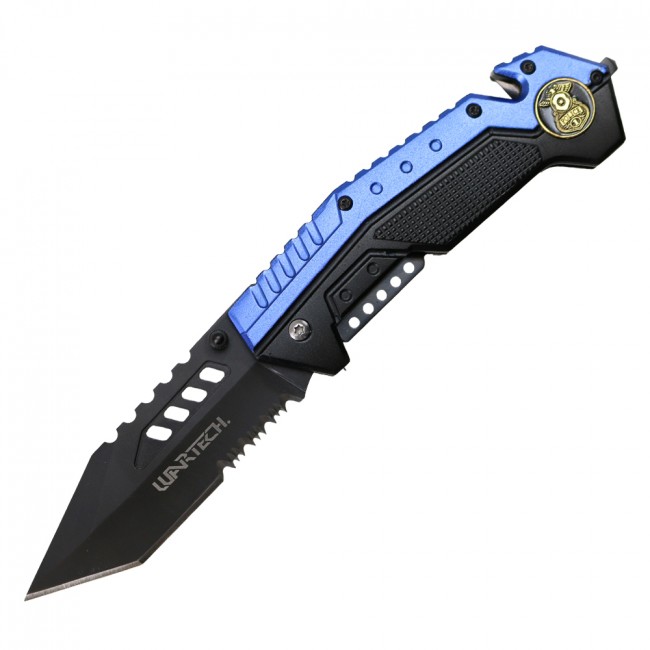 Spring-Assisted Folding Knife Black Tanto Serrated 3.5in. Blade Police Blue Leo