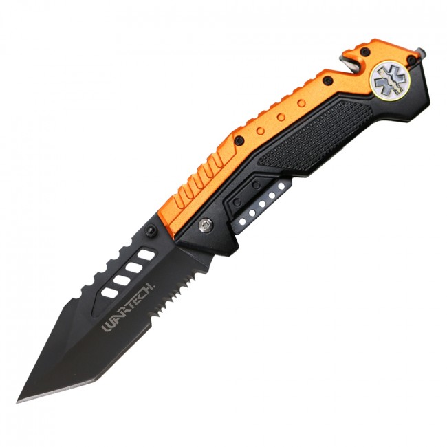 Spring-Assisted Folding Knife Black Tanto Serrated Blade EMT Paramedic Orange