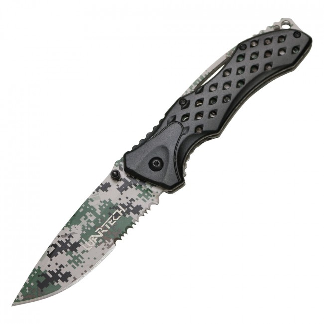 Spring-Assisted Folding Knife Wartech 3.75in. Serrated Digital Camo Blade Black