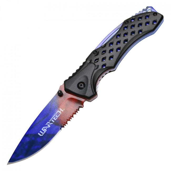 Spring-Assisted Folding Knife Wartech 3.75in. Blue Red Serrated Blade Black EDC