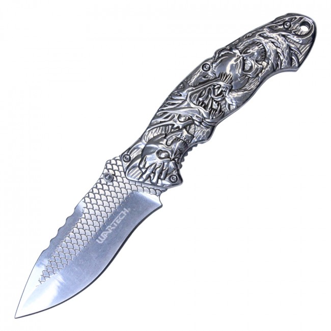 Spring-Assist Folding Knife 3.25in. Silver Skull Dragon Blade Tactical EDC