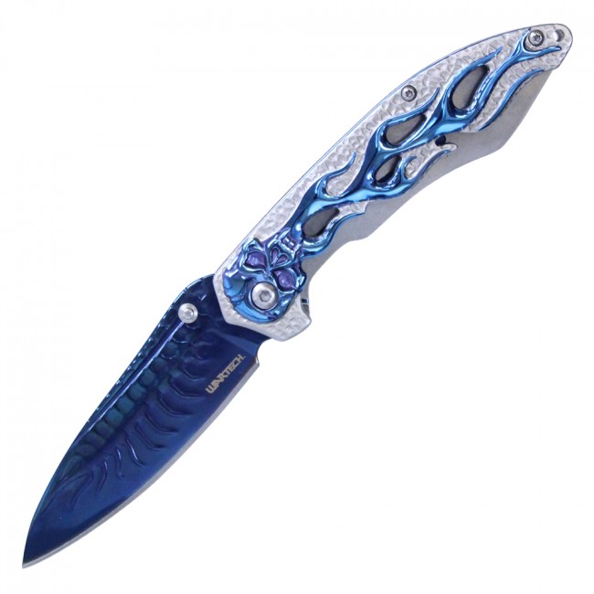 Spring-Assisted Folding Knife Wartech Blue Silver Skull Spin