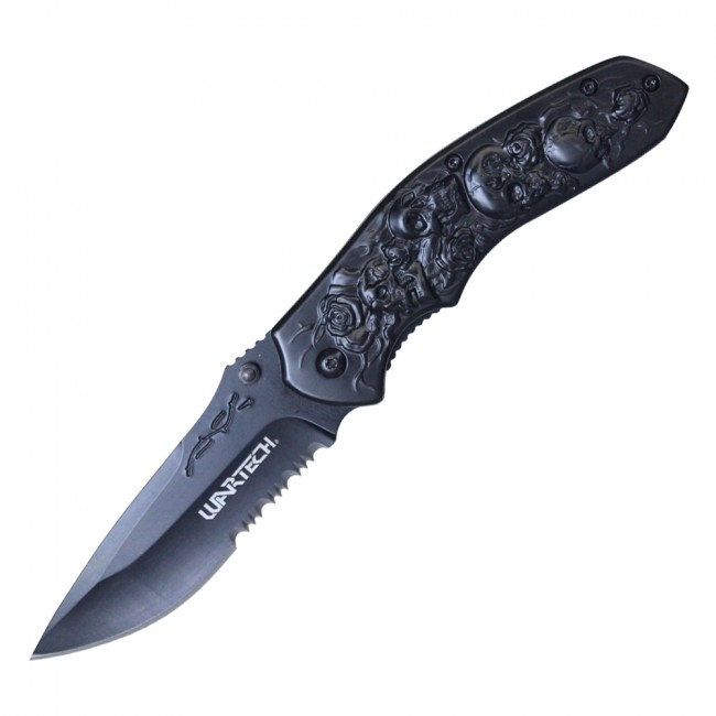 Spring-Assist Folding Knife | Wartech Serrated Rainbow Blade Black Rose EDC
