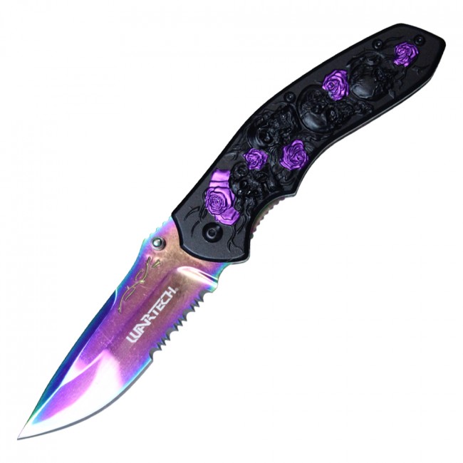 Spring-Assist Folding Knife Wartech Serrated Rainbow Blade Black Purple Rose EDC