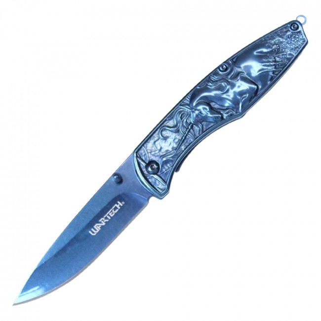 Spring-Assist Folding Pocket Knife Wartech Chrome Blue Unicorn EDC 3.5