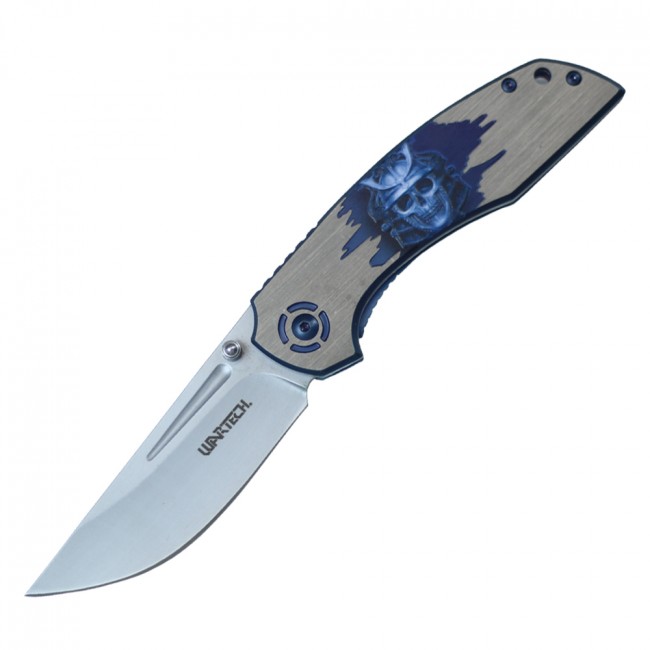 Spring-Assisted Folding Pocket Knife | Samurai Skull Warrior Blue Gray Blade EDC