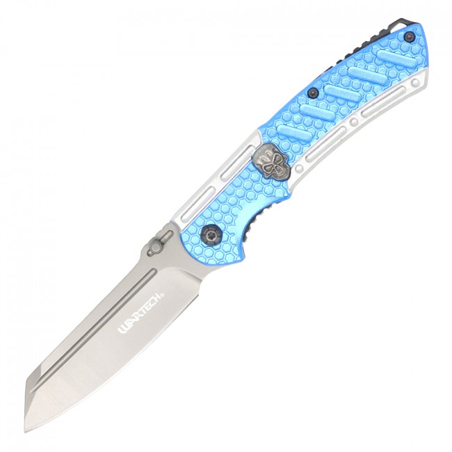 Spring-Assist Folding Knife 3.5in. Gunmetal Reverse Tanto Blade Skull Blue EDC