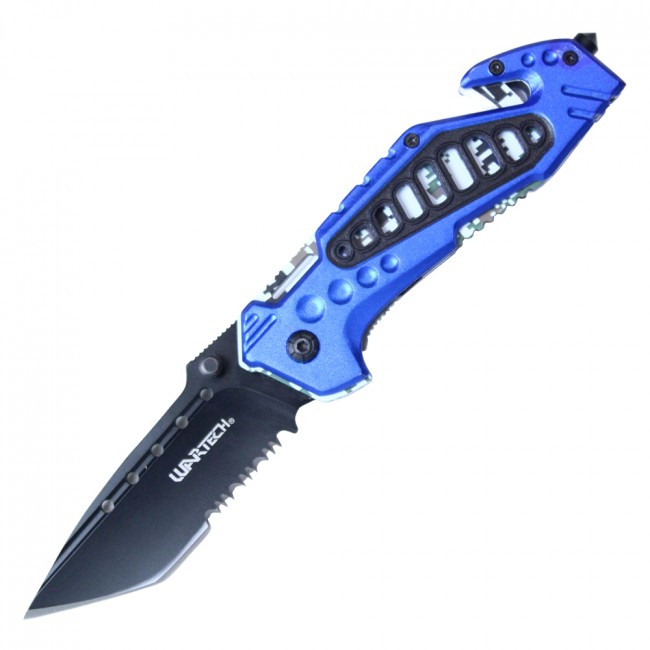 Spring-Assist Folding Knife | Wartech Black Tanto Serrated Blade Blue Camo EDC
