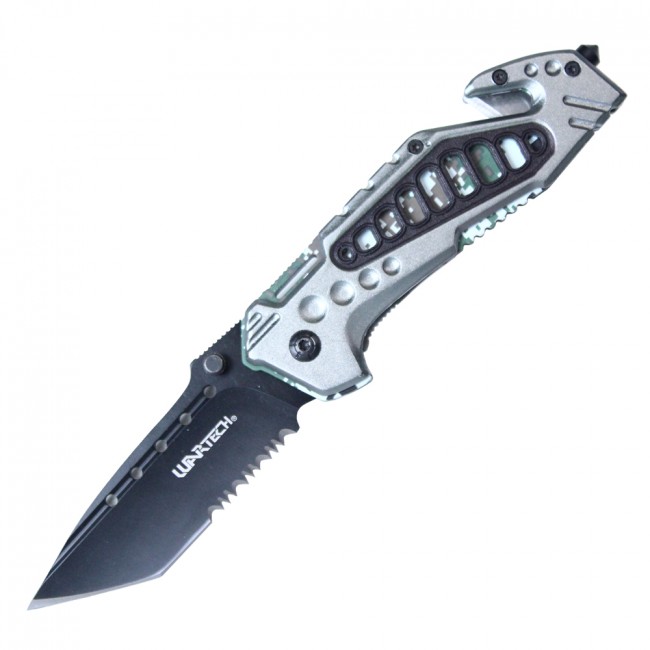 Spring-Assist Folding Knife | Wartech Black Tanto Serrated Blade Military Camo