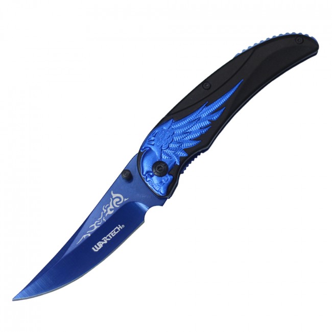 Spring-Assisted Folding Pocket Knife | Wartech Black Blue Blade Skull Wing Rider