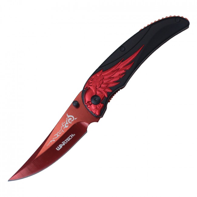 Spring-Assisted Folding Pocket Knife | Wartech Black Red Blade Skull Wing Rider