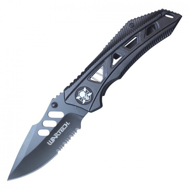 Spring-Assisted Folding Pocket Knife | Wartech Black Serrated Blade Skull EDC