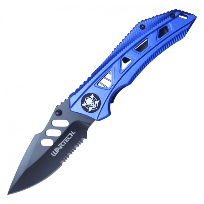 Spring-Assisted Folding Pocket Knife | Wartech Black Serrated Blade Blue Skull