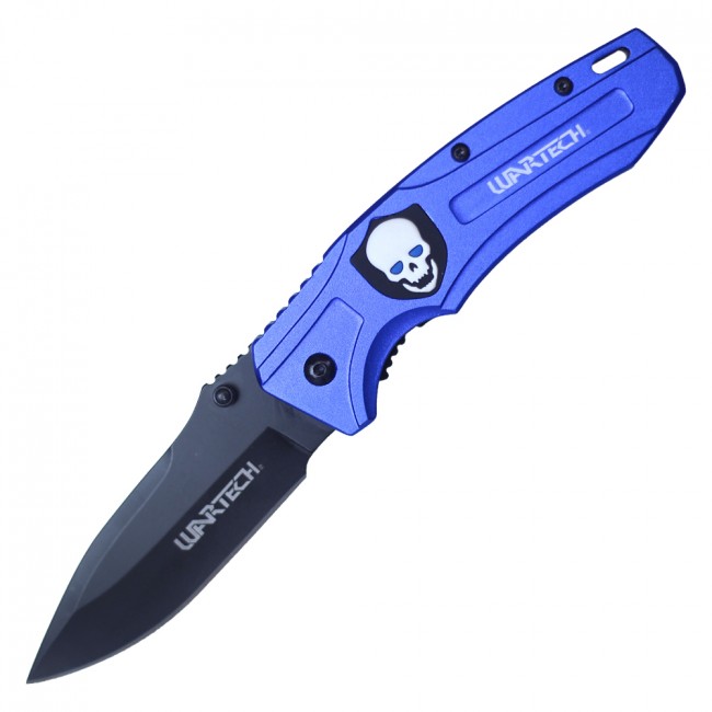 Spring-Assisted Folding Pocket Knife Wartech Blue Skull Tactical Black Blade EDC