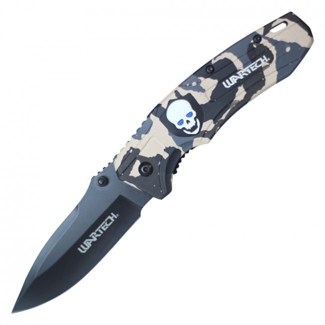 Spring-Assisted Folding Pocket Knife Wartech Camo Skull Tactical Black Blade EDC