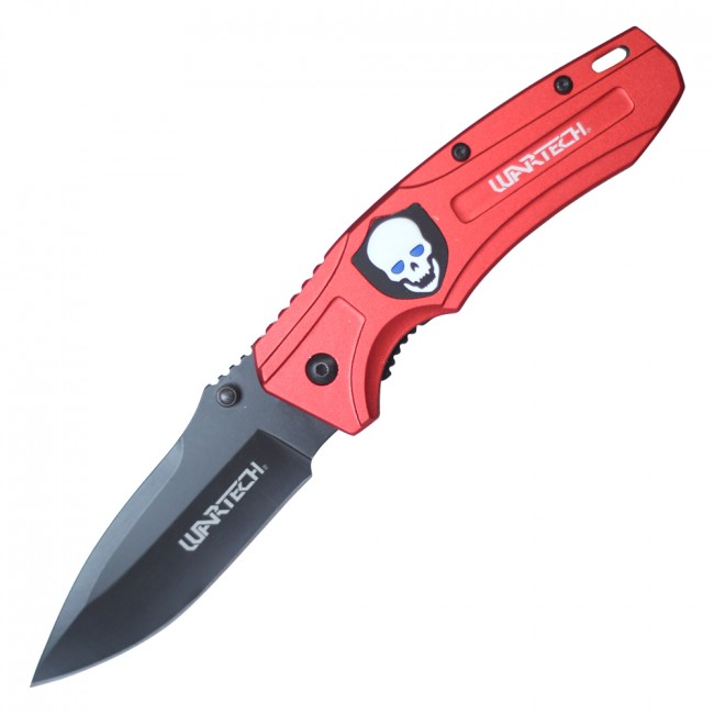 Spring-Assisted Folding Pocket Knife Wartech Red Skull Tactical Black Blade EDC